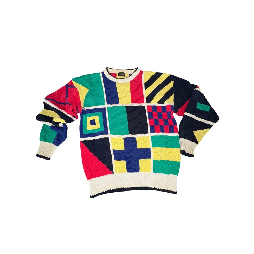 Vintage Sailing Flag Intarsia Knit Crewneck Sweater, 1980s 1990s Nautical Large